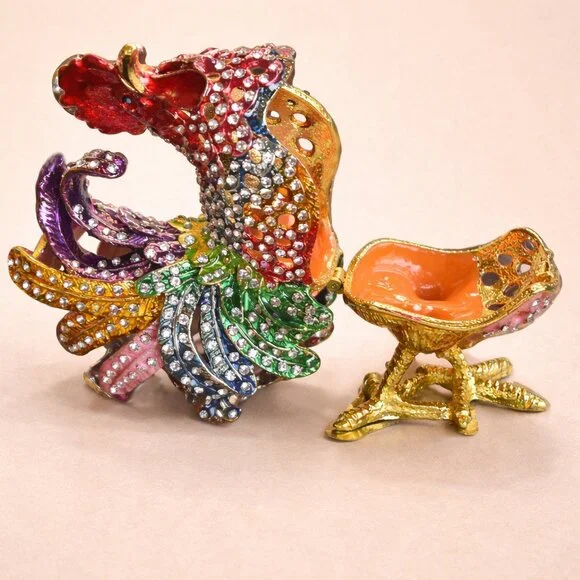 Jeweled Rooster Hinged Trinket Box NIB Enamel Rhinestone Tchotchke Décor 🐓